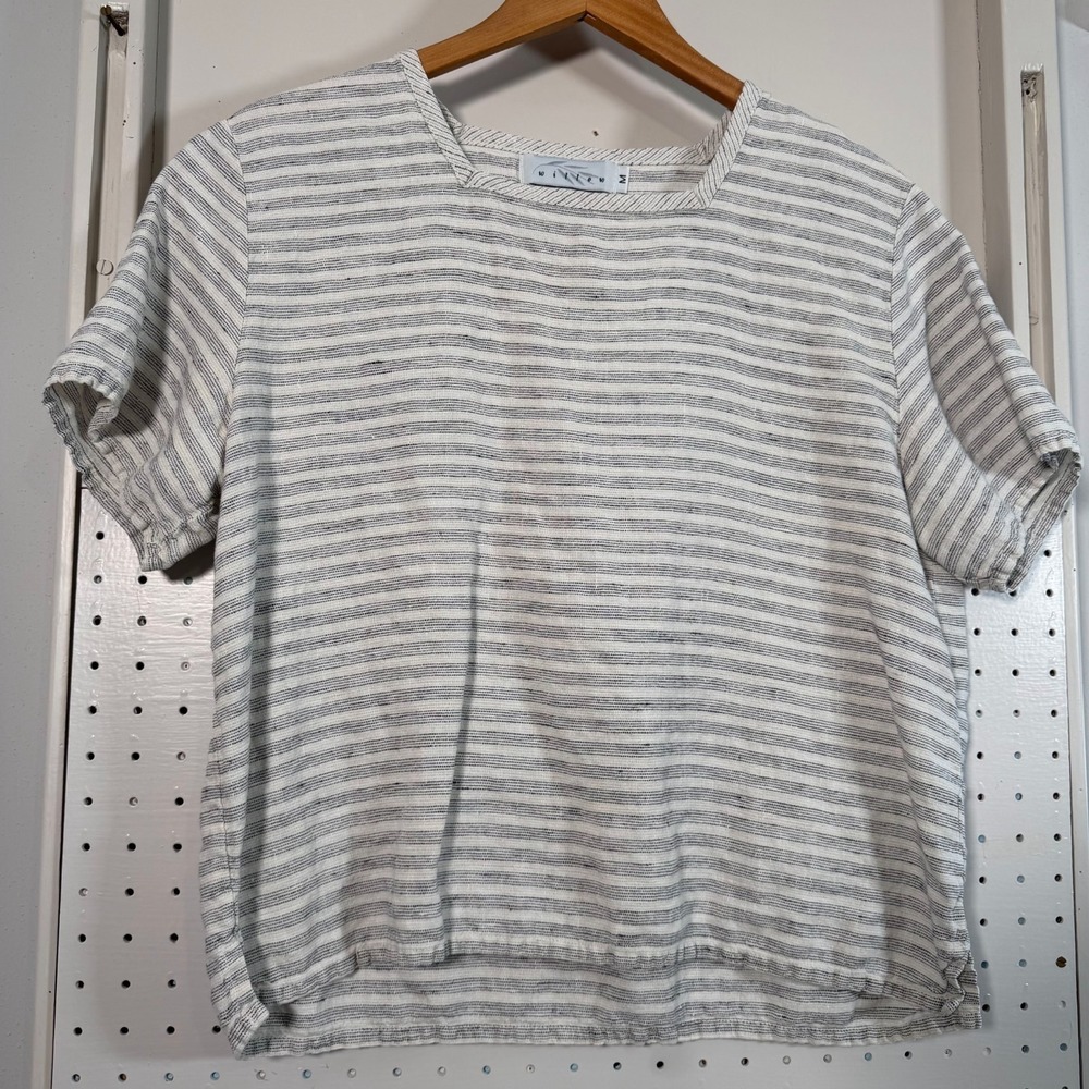 Vintage Willow Linen T-Shirt Women's White Black Pinstripe Short Sleeve - Medium